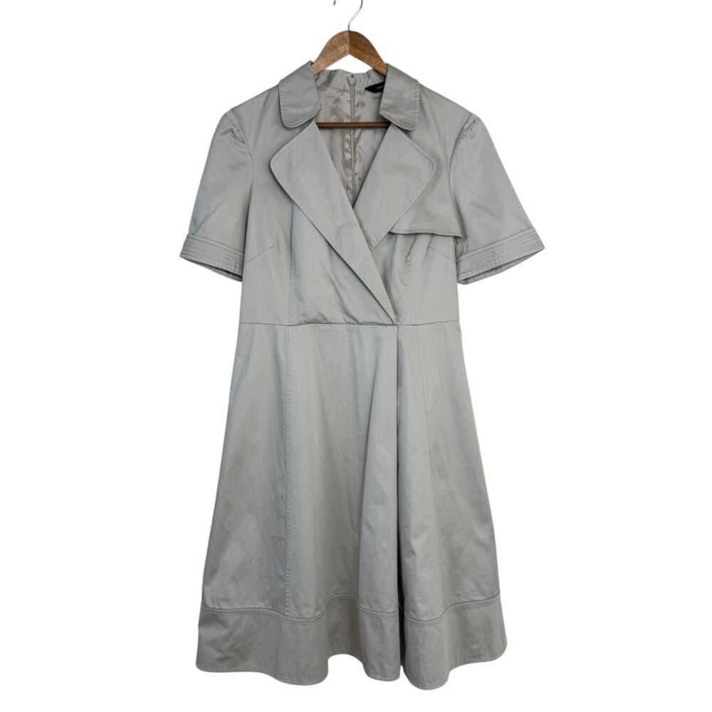 Karen Millen Beige Trench Dress Size 10 Midi Pockets Missing Belt Neutral Khaki